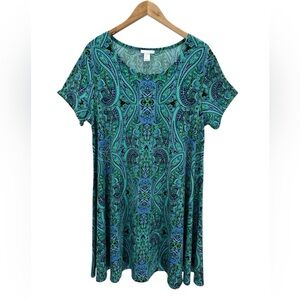 Vasna Liquid Knit Swing Dress Blue Green Paisley Beach Resort Vacation Lounge L